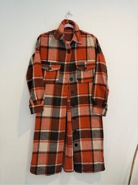 Orange Brown Plaid Long Shacket Oversized Flannel Shirt Jacket Coat S